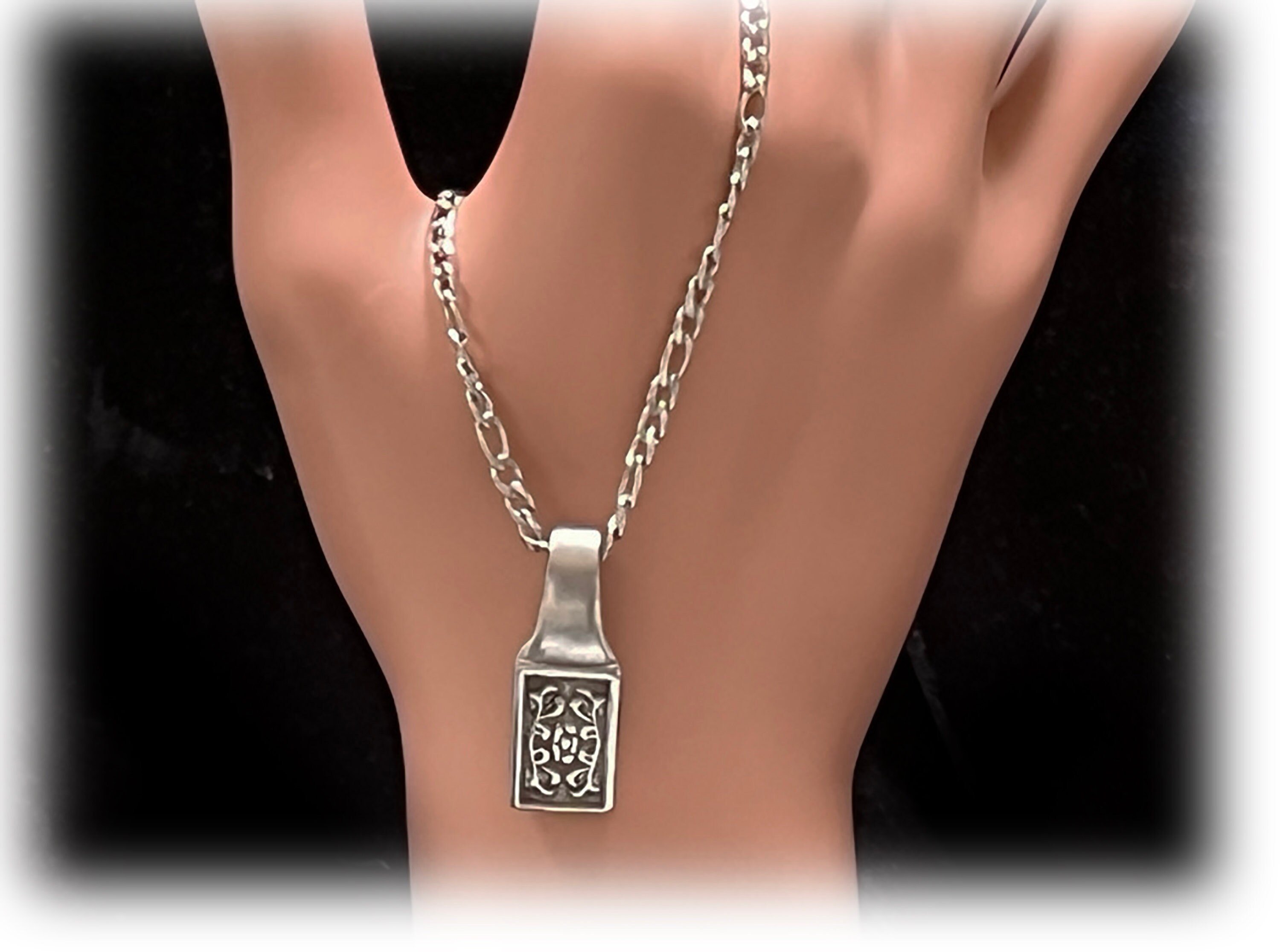 MCM Stainless Pendant, Floral Swash Understated, Unique Necklace, Silver, Black