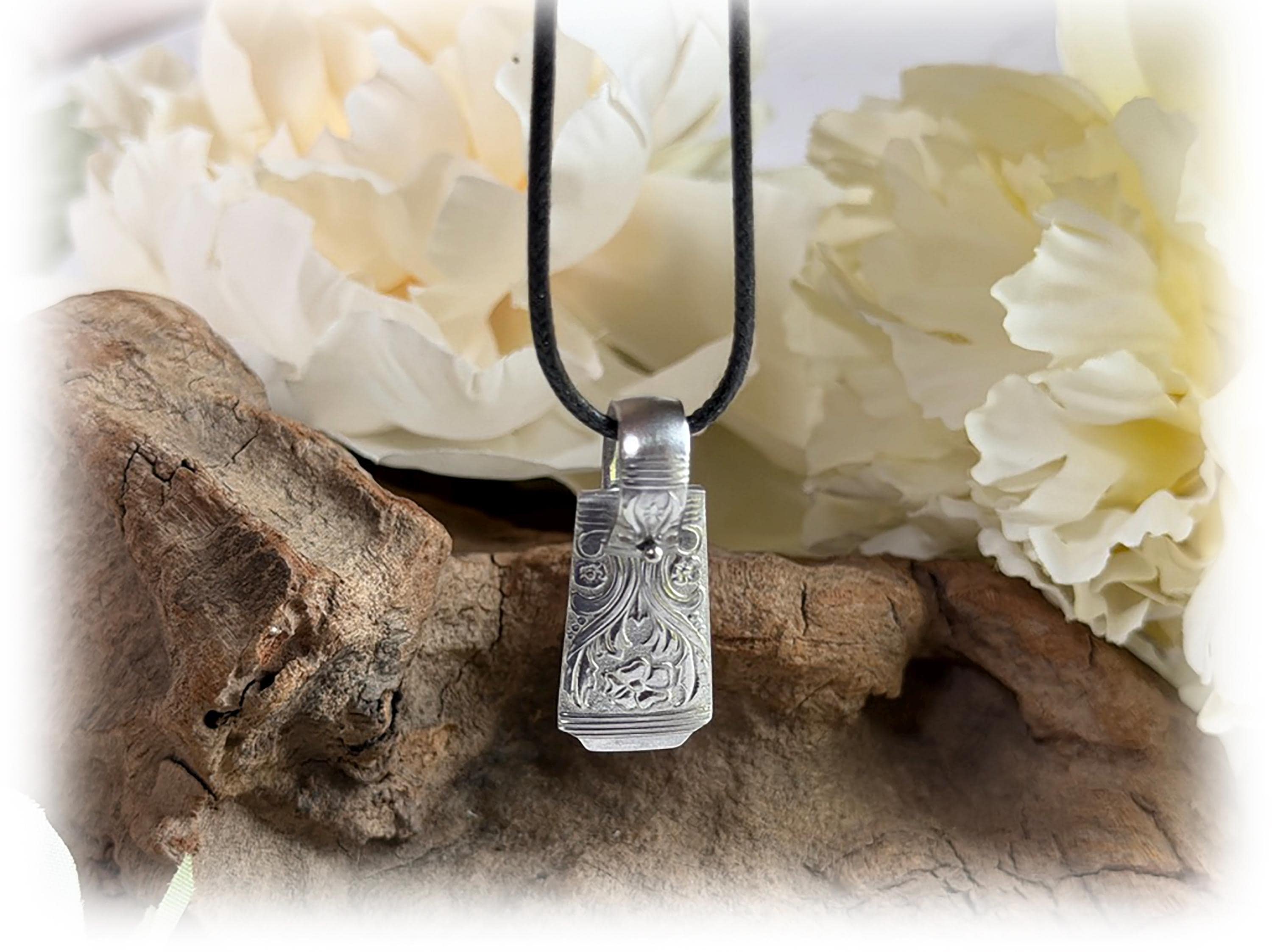 MCM Stainless Pendant, Art Deco Design, Unique Necklace, Silver, Black Cord