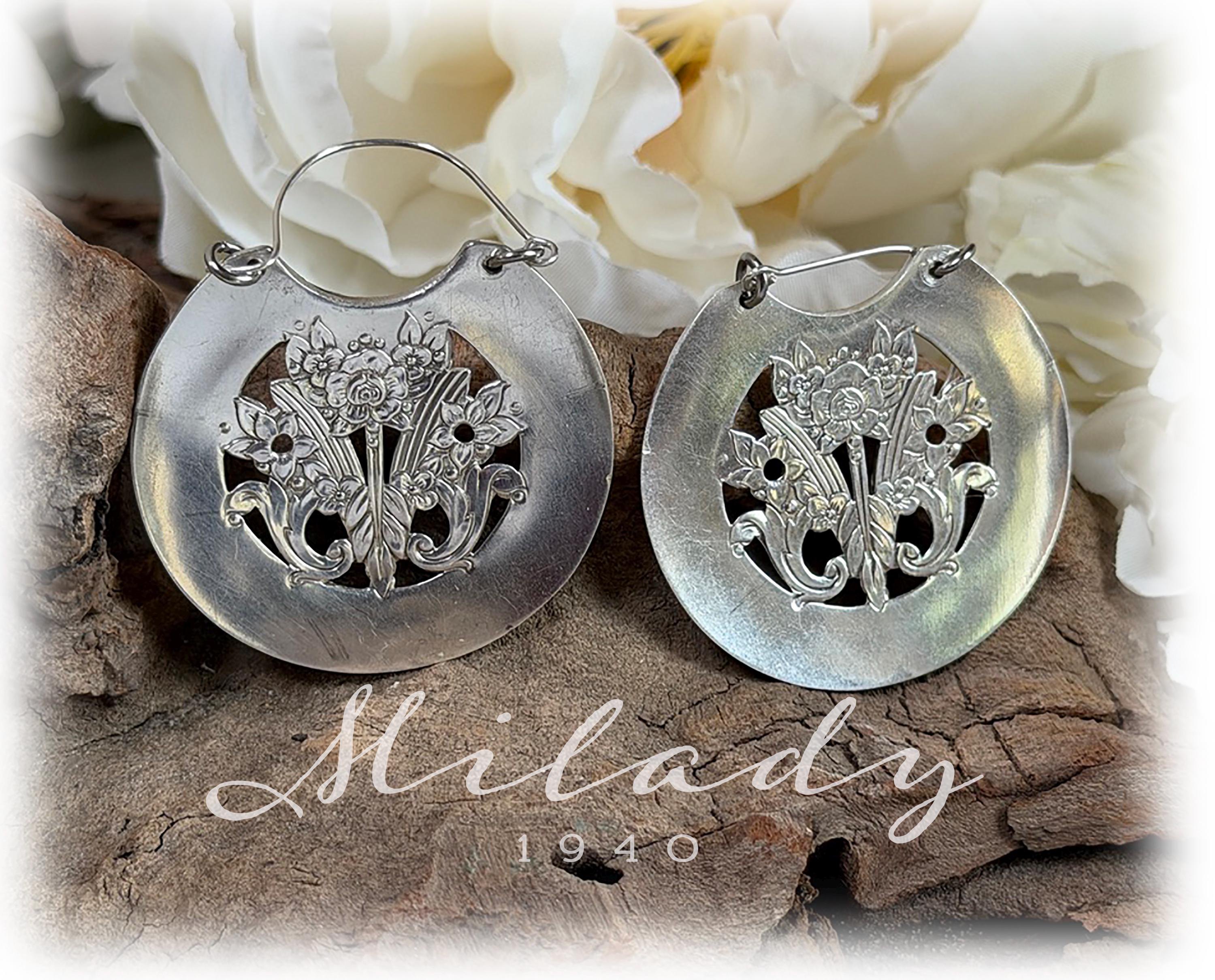 Upcycled Bonbon Spoon Earrings, Milady Silverplate Floral Statement Earrings 1940