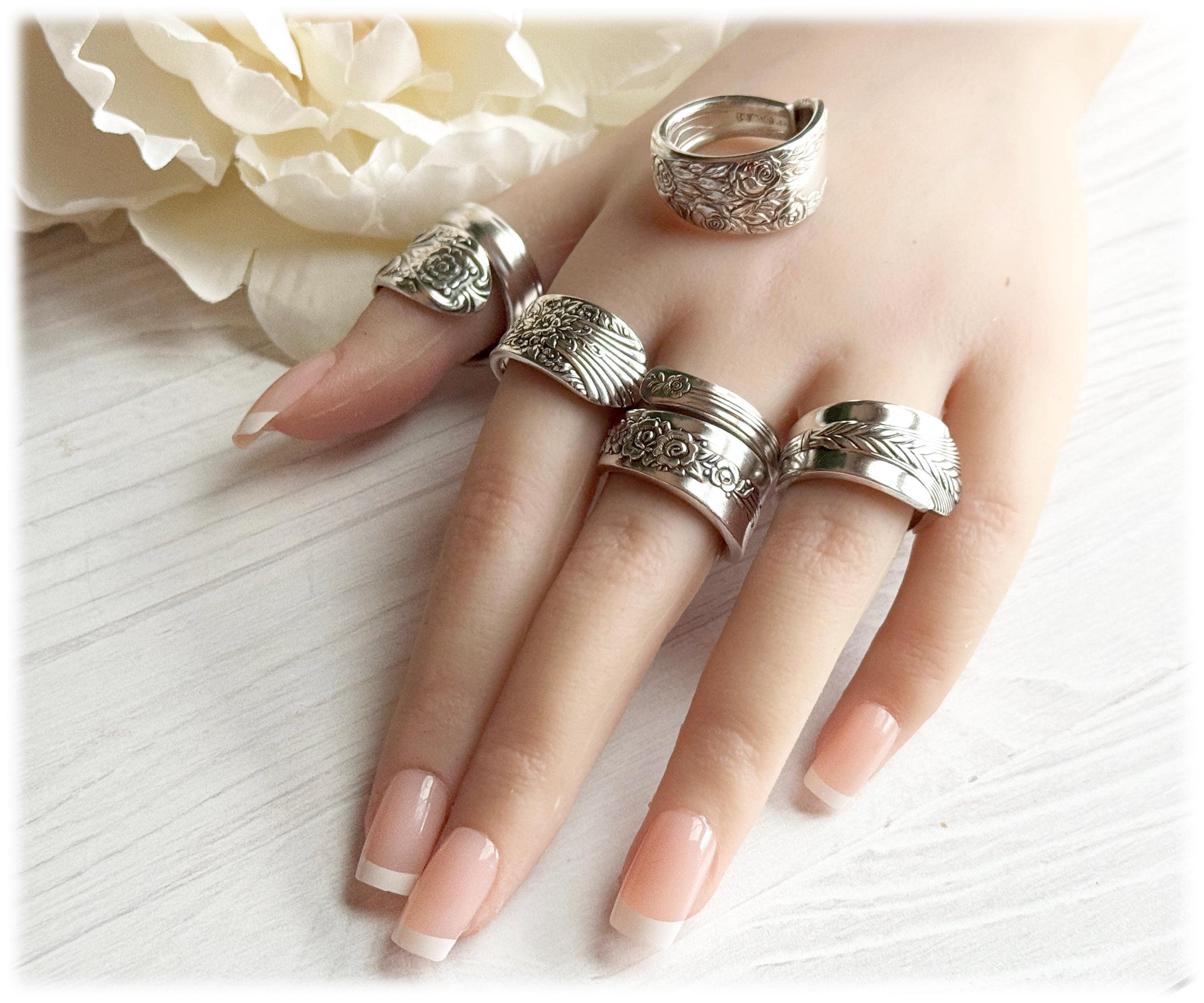 1930s Silverplate Spoon Rings: Choose Design - Melody Allure Royal Rose Marigold Rose and Leaf