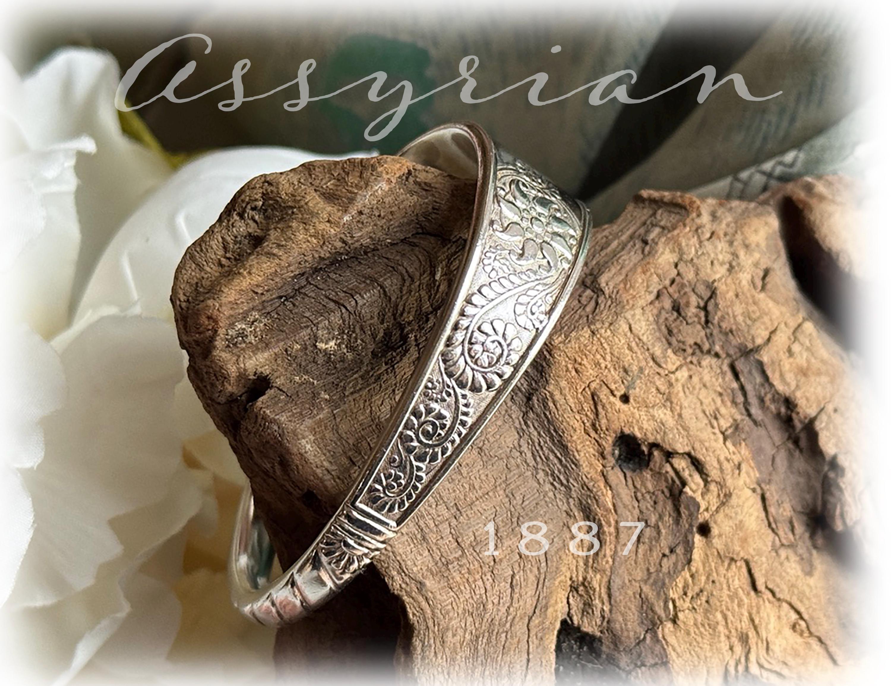 Upcycled Silverplate Spoon Bracelet: Antique Assyrian Cuff, 1887