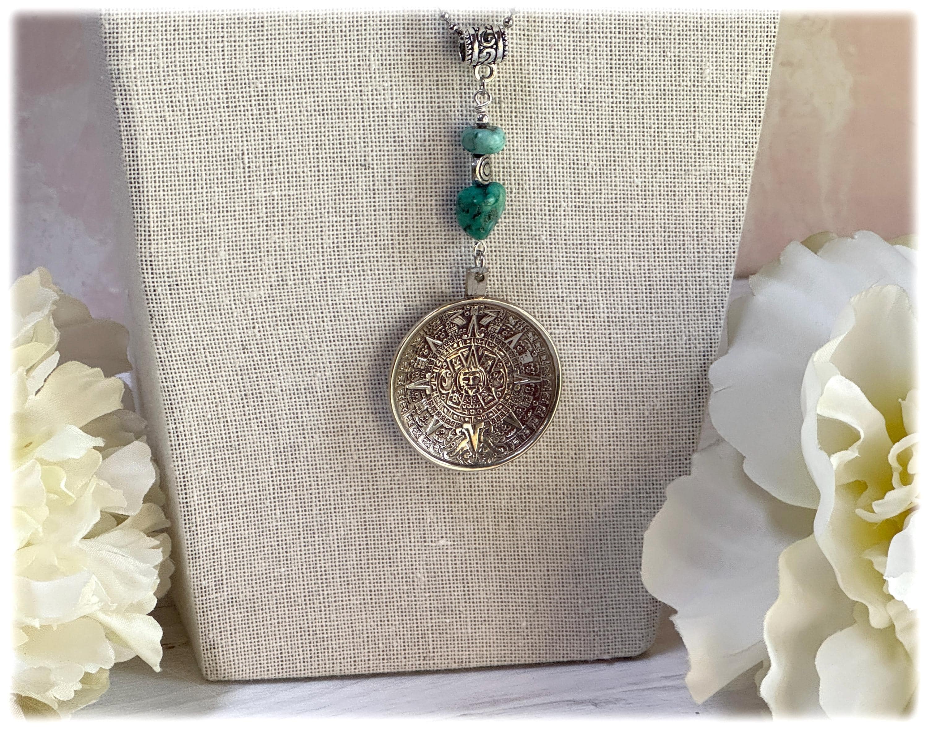Mayan Calendar Medallion Necklace: Vintage Mexico Spoon Pendant, Turquoise Accent