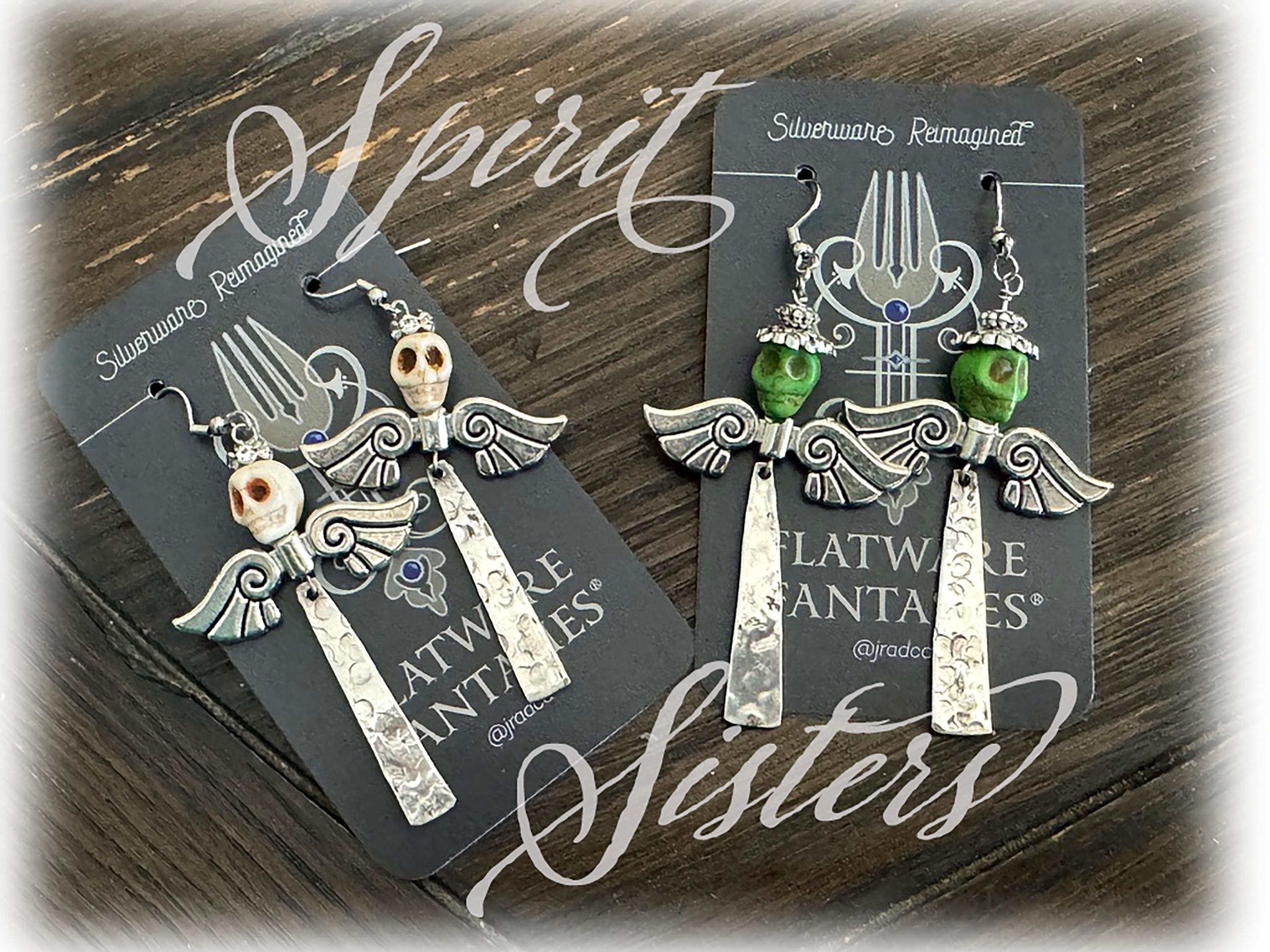 Upcycled Skull Angel Earrings, Silverplate Fork Tines, Lightweight Jewelry