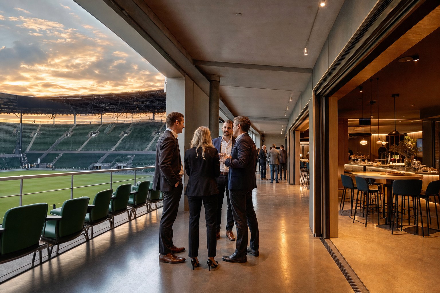 Business leaders in conversation beside a football stadium