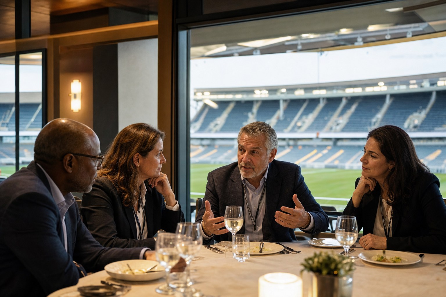 Senior business leaders in a thoughtful stadium dining-room conversation