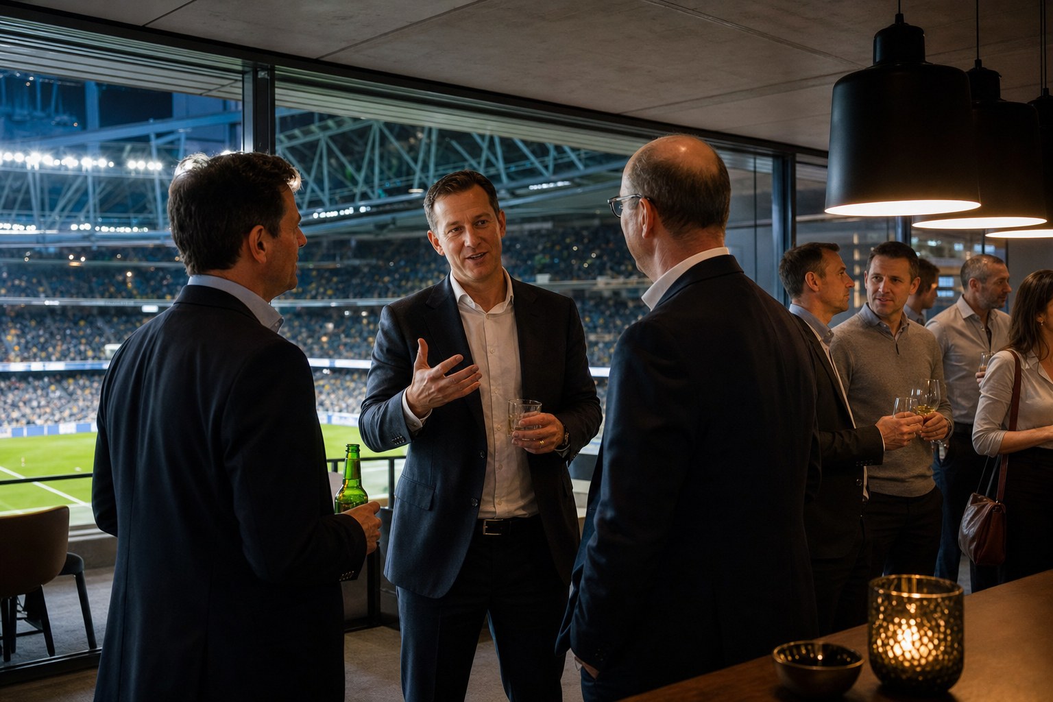Business leaders talking during a football stadium hospitality event