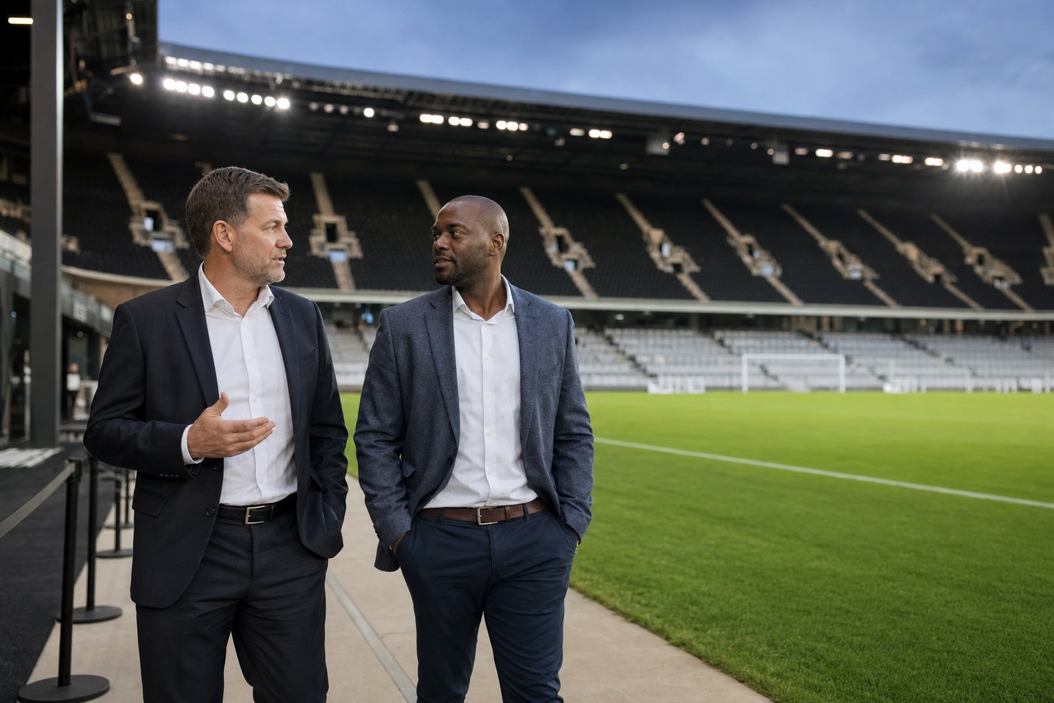 Two business leaders continuing their conversation beside a football pitch