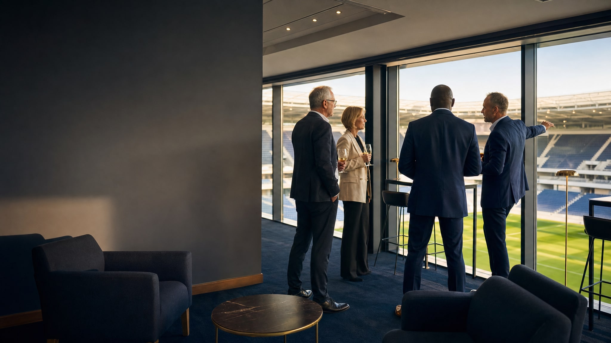 Business guests talking in a football stadium hospitality lounge