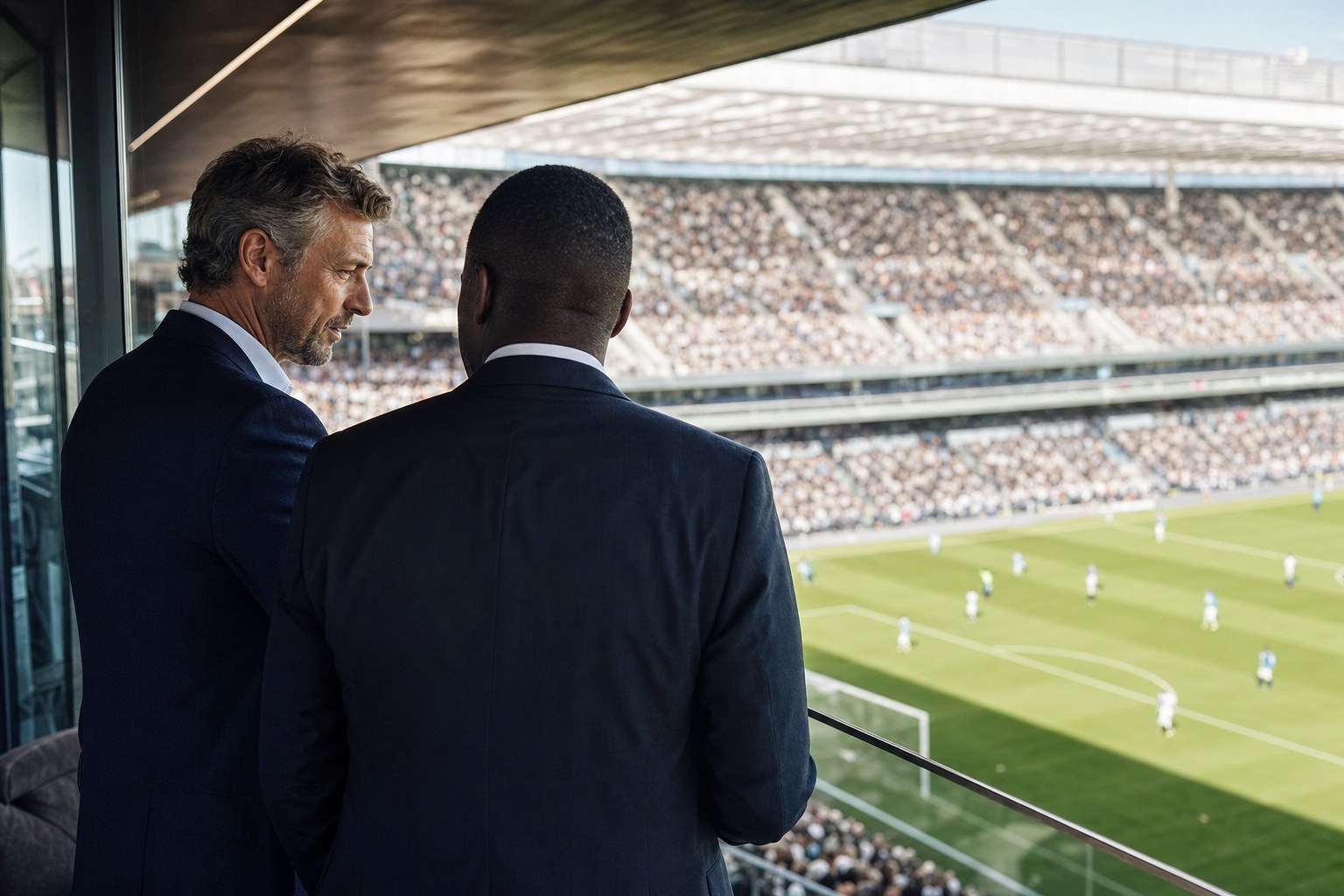 Business leaders overlooking a football pitch from hospitality