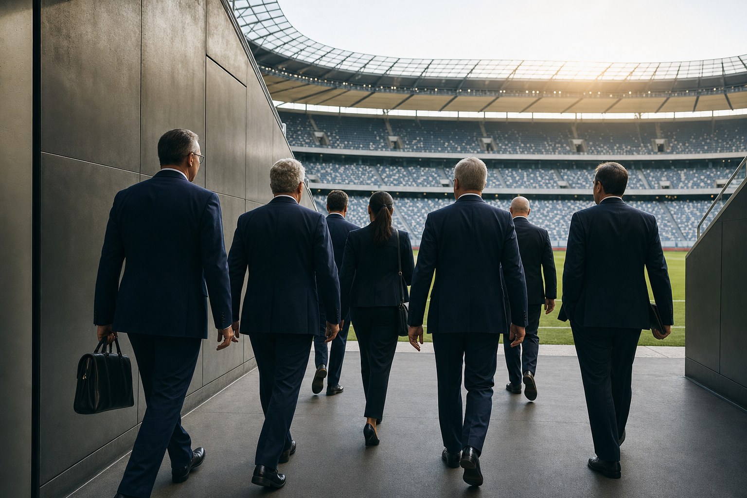Business leaders walking through a stadium tunnel