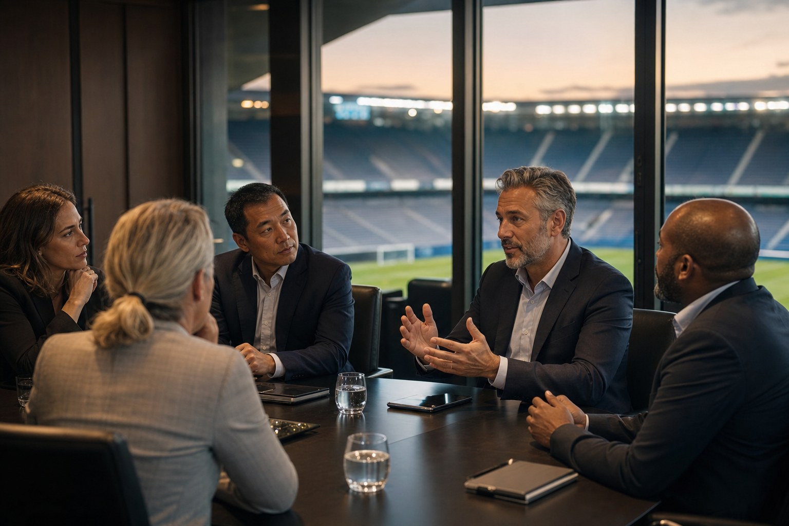 Senior leaders in a stadium boardroom conversation