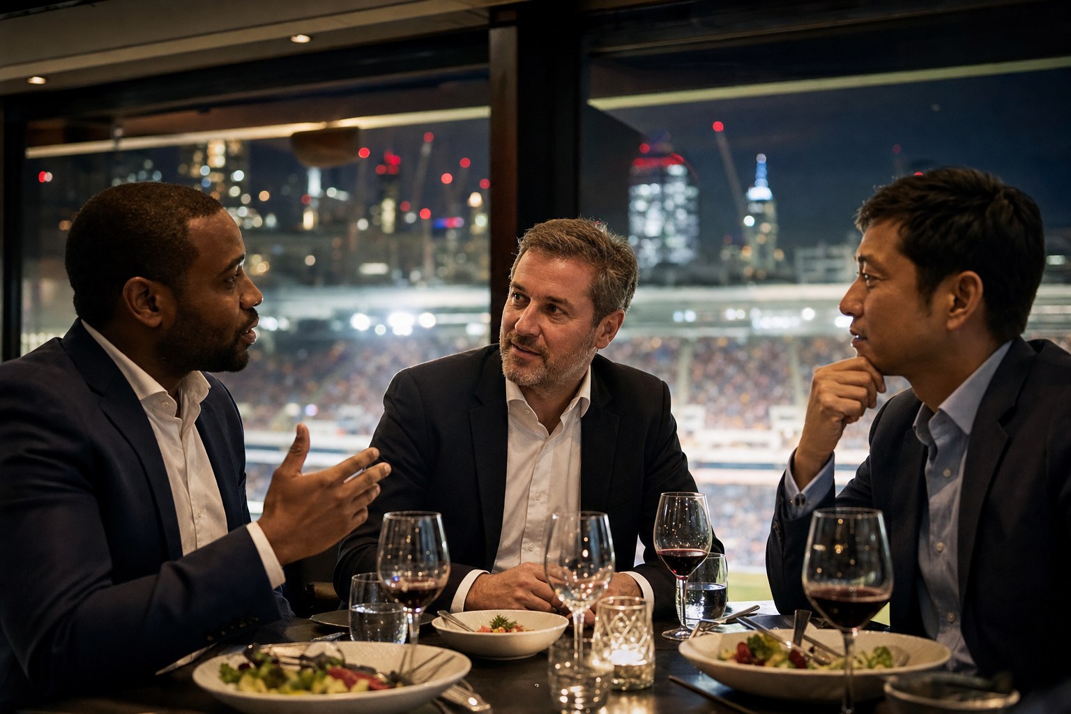 Business leaders in conversation over dinner
