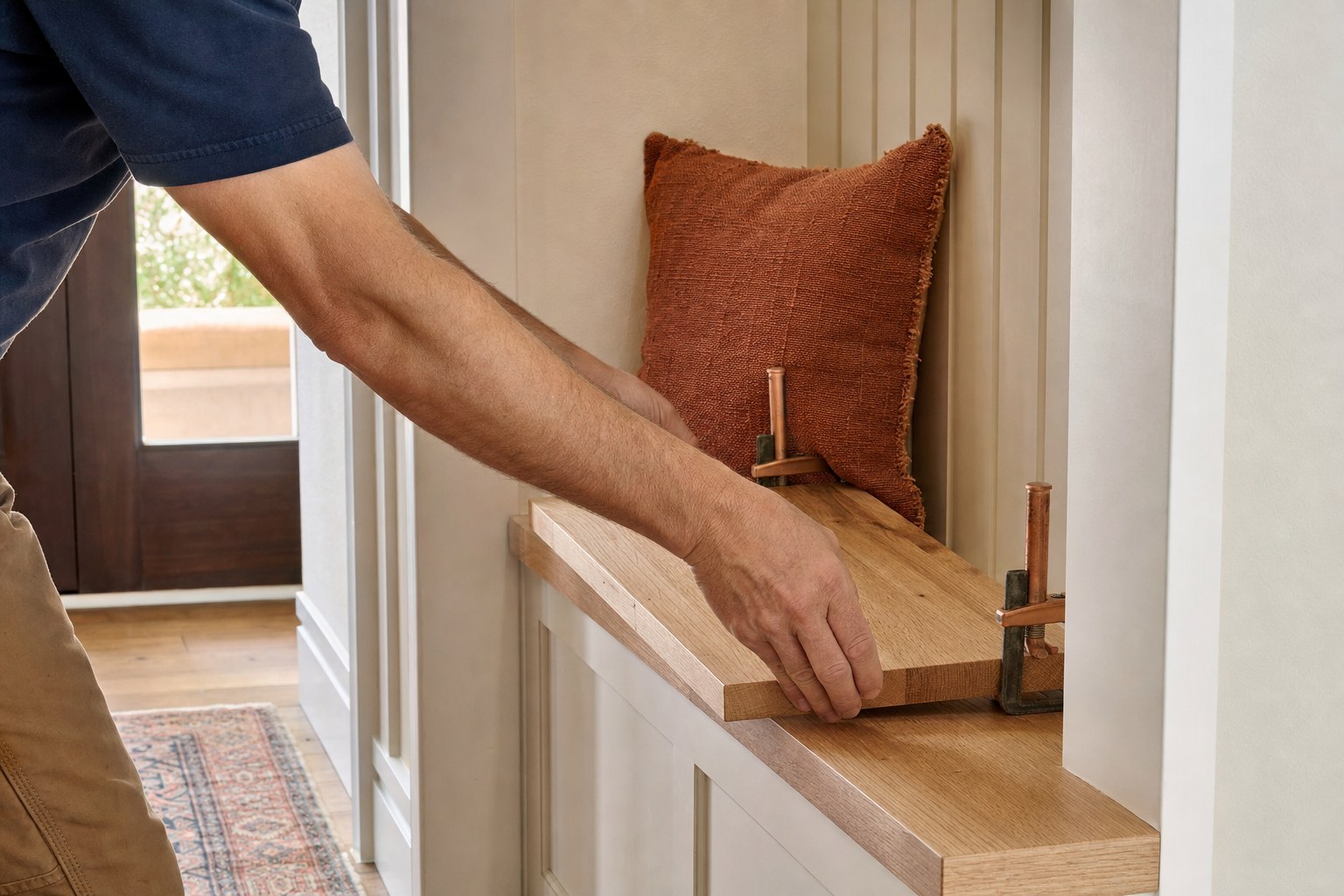 Craftsperson fitting an oak bench top into a built-in entryway