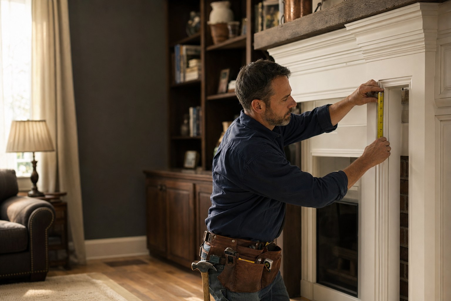 Tradesperson carefully measuring white wood trim in a home