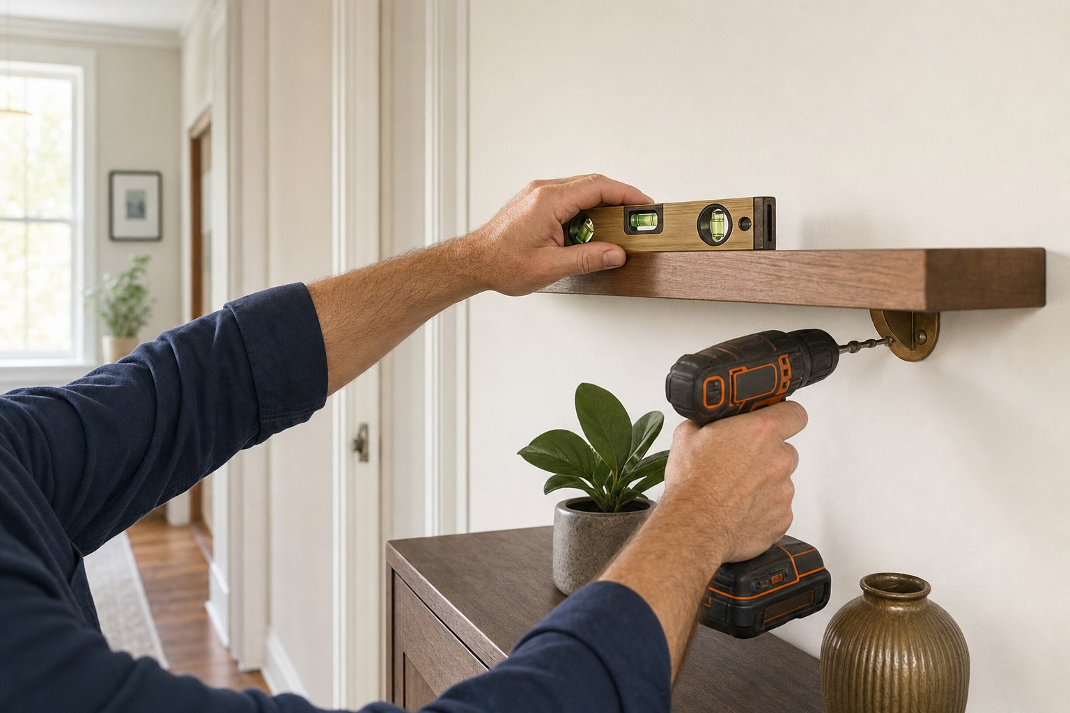 Hand installing a floating shelf with a level