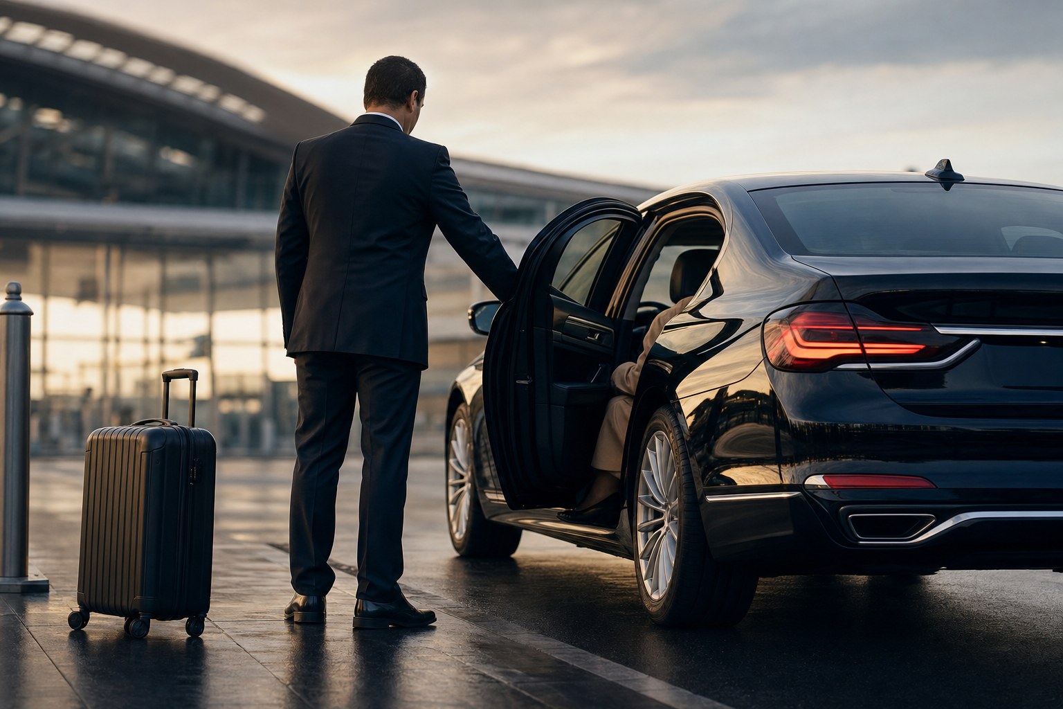 Chauffeur opening a car door at an airport arrivals curb