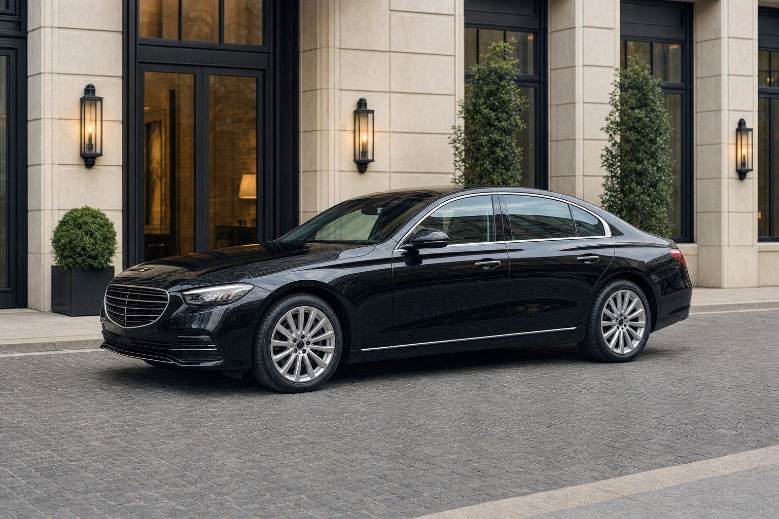 Black executive sedan outside a hotel entrance