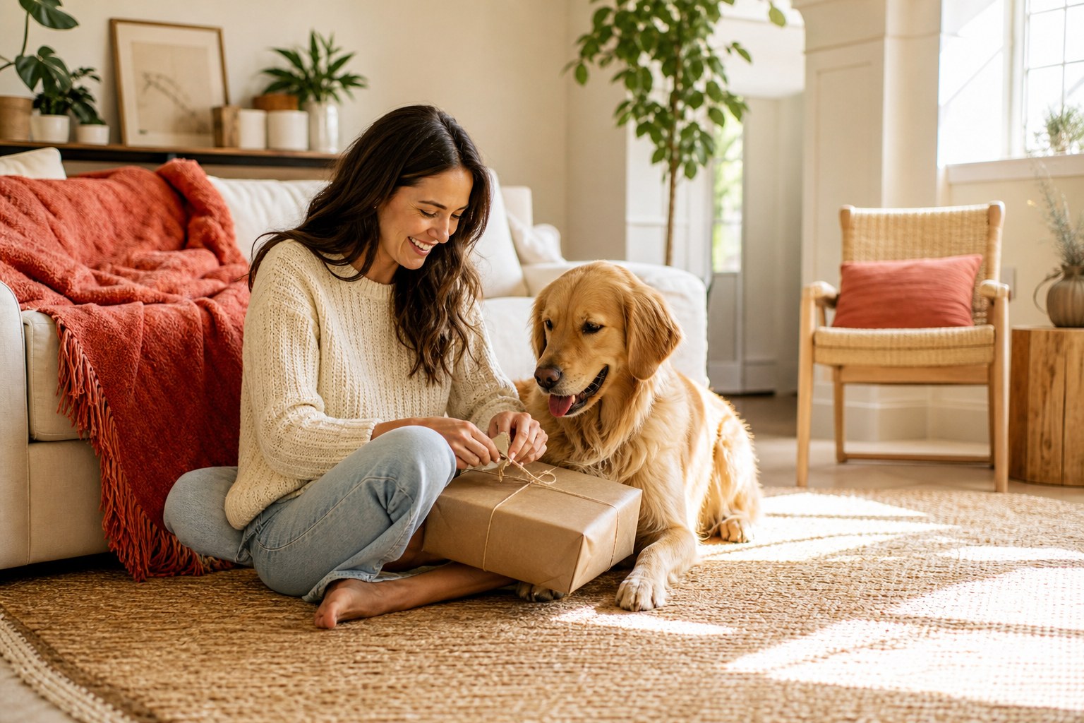 A dog lover wrapping a thoughtful gift beside a golden retriever in a sunny living room