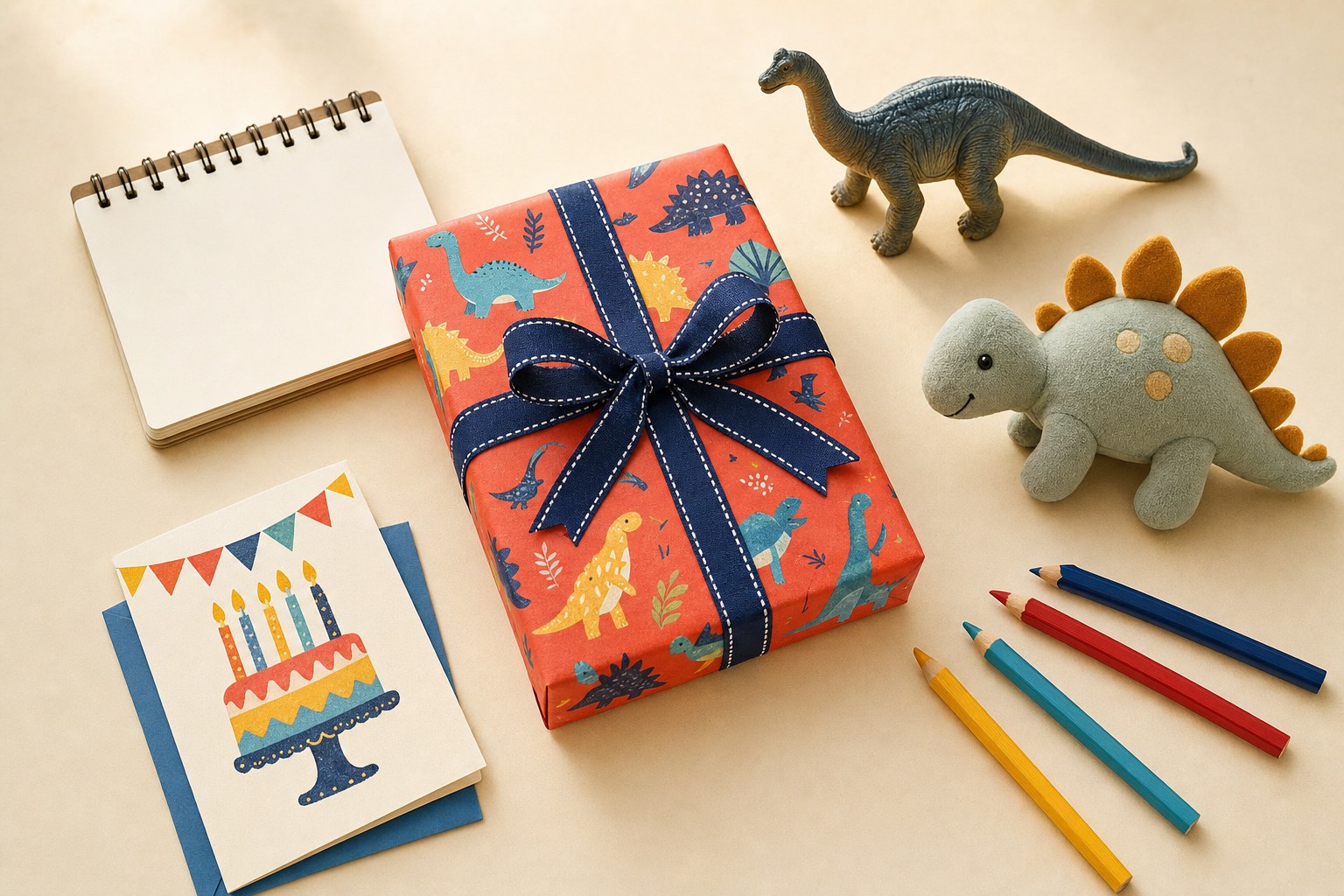A wrapped children’s gift surrounded by colourful creative and playtime ideas