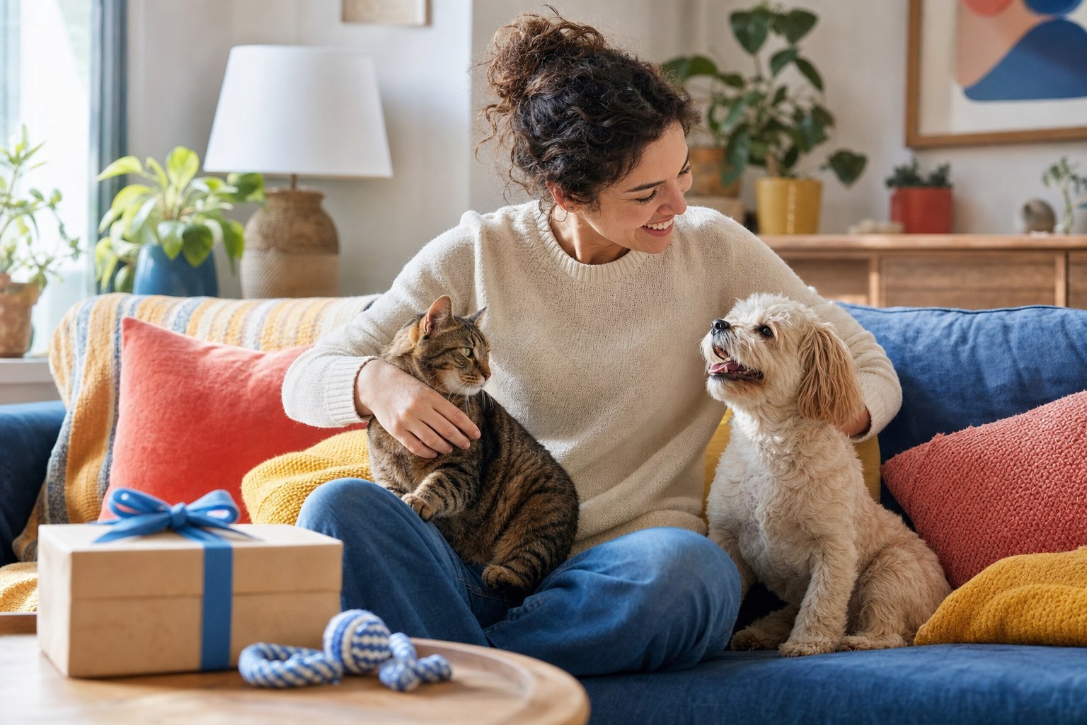 A cheerful pet lover sharing a gift moment with a dog and cat
