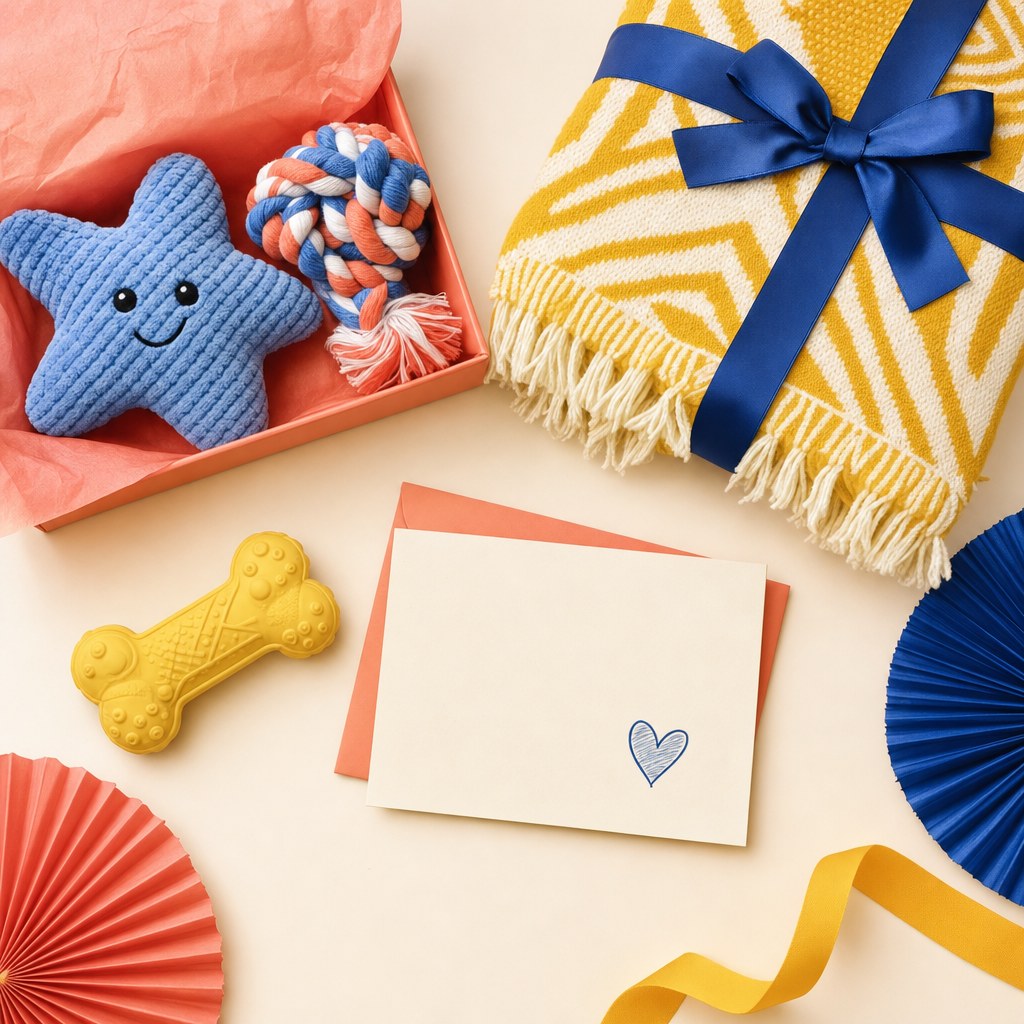 A neatly arranged selection of pet-friendly gift ideas on a warm surface