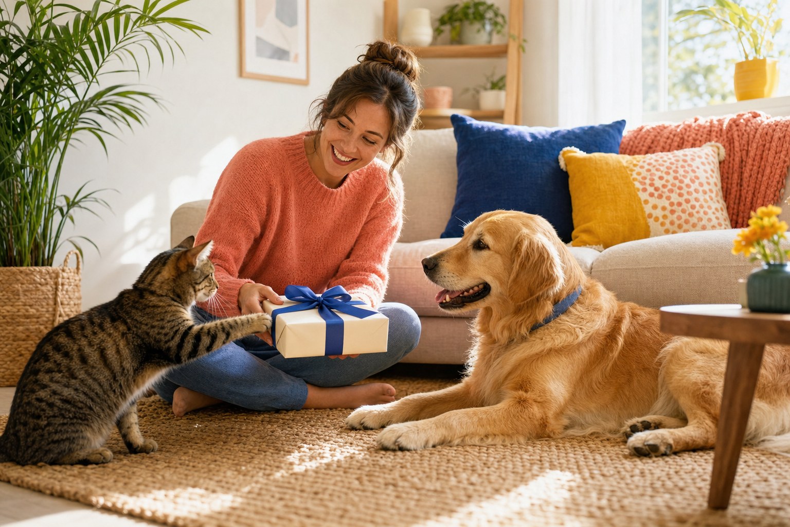 A pet lover opening a gift beside a golden retriever and tabby cat