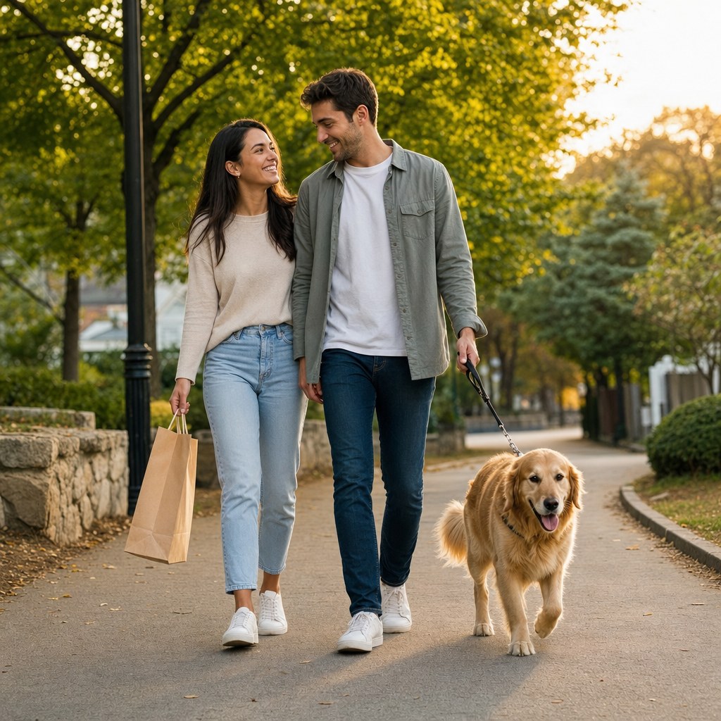 A couple walking their dog in a neighborhood park with a gift bag
