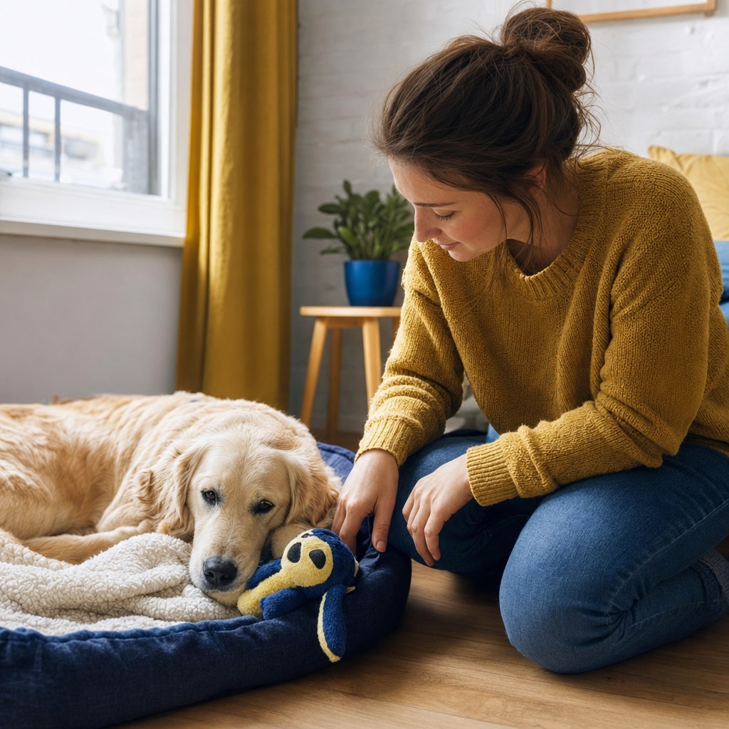 A person noticing a dog resting with a favorite toy and blanket