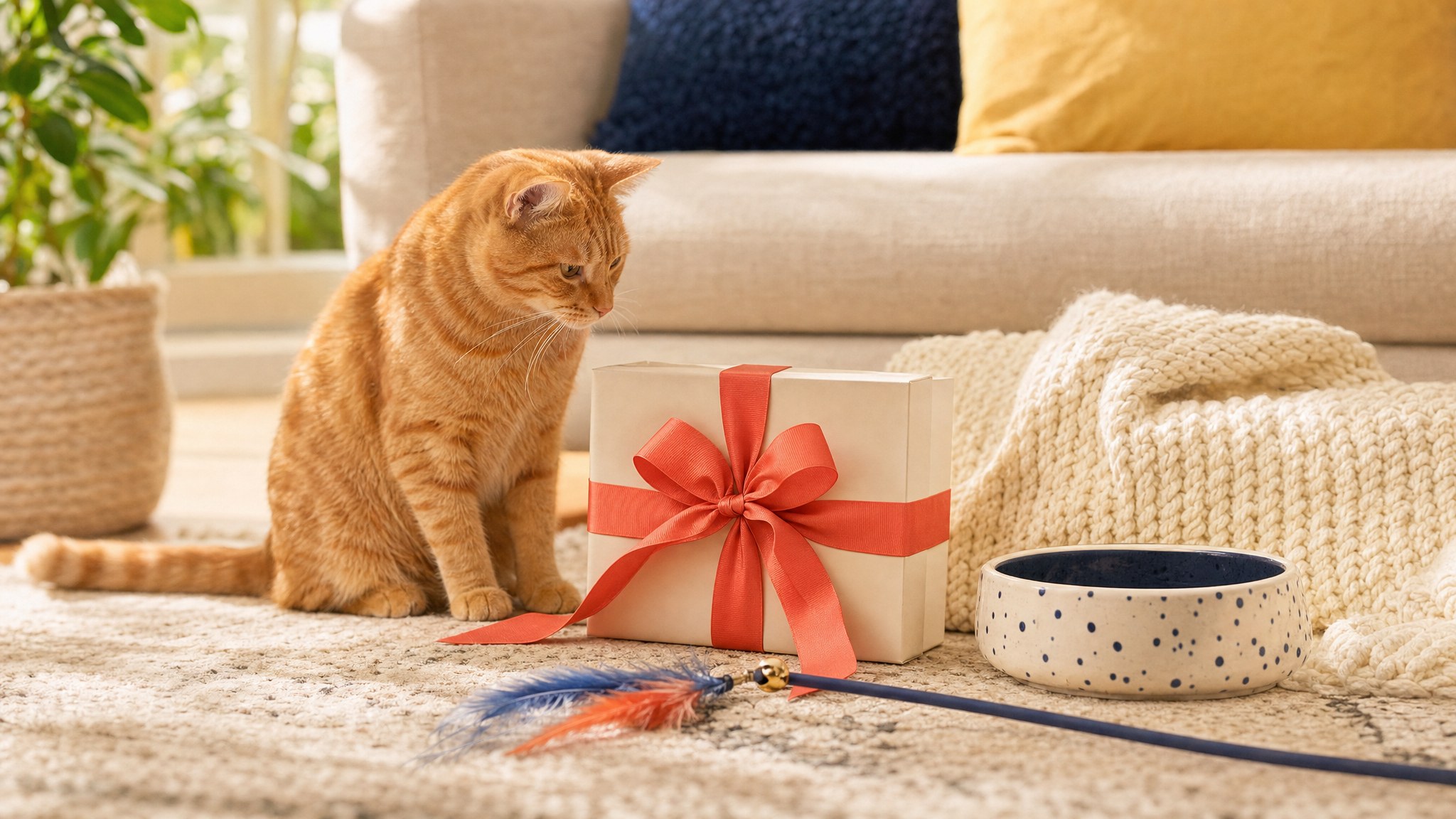 An orange tabby beside a coral-ribboned gift, cat bowl, and cozy blanket in a sunny living room