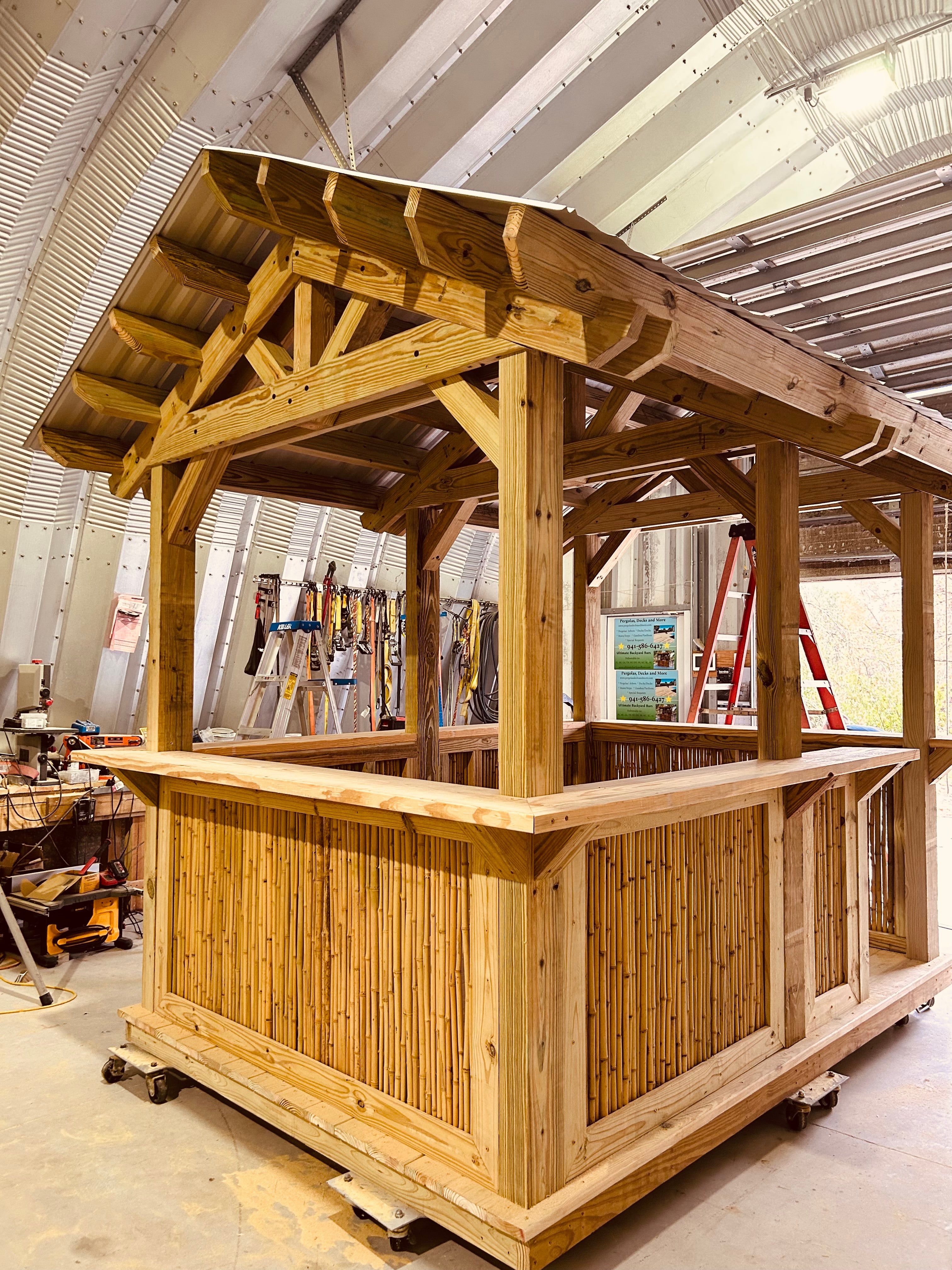 Wood gazebo frame under construction in the workshop