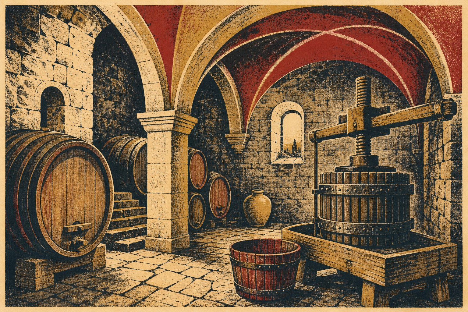 Vintage poster illustration of a historic Montefusco wine cellar