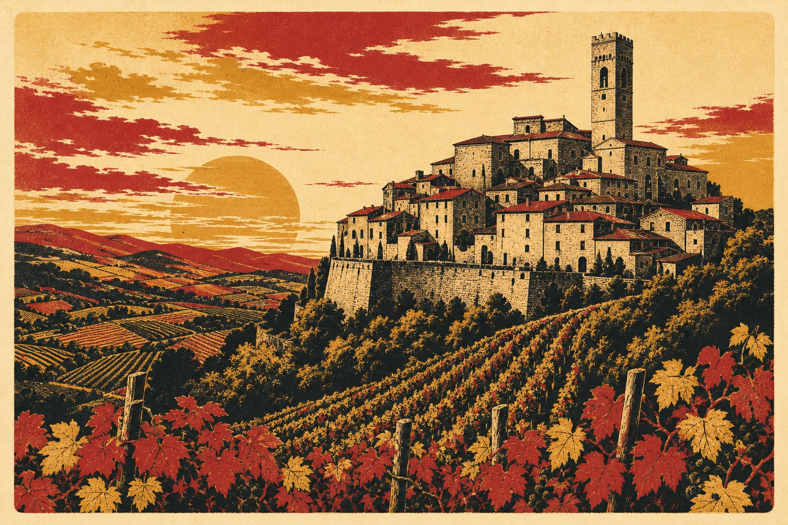 Vintage travel-poster illustration of Montefusco above the Irpinia hills