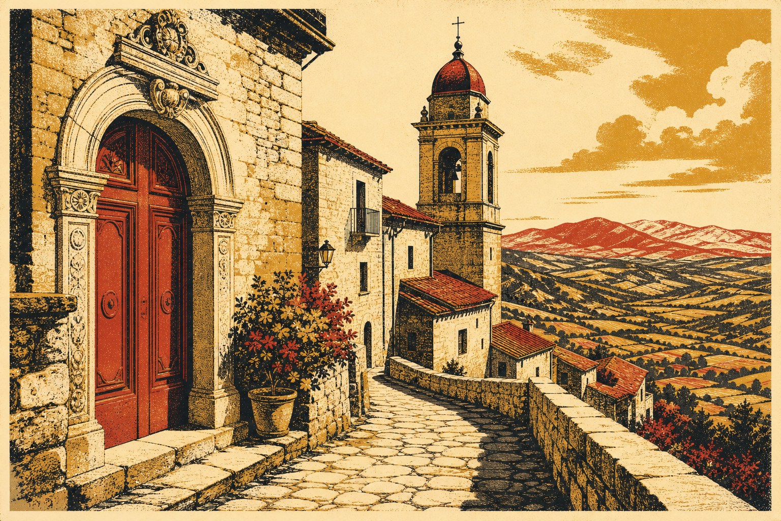 Vintage poster illustration of a stone lane and bell tower in Montefusco