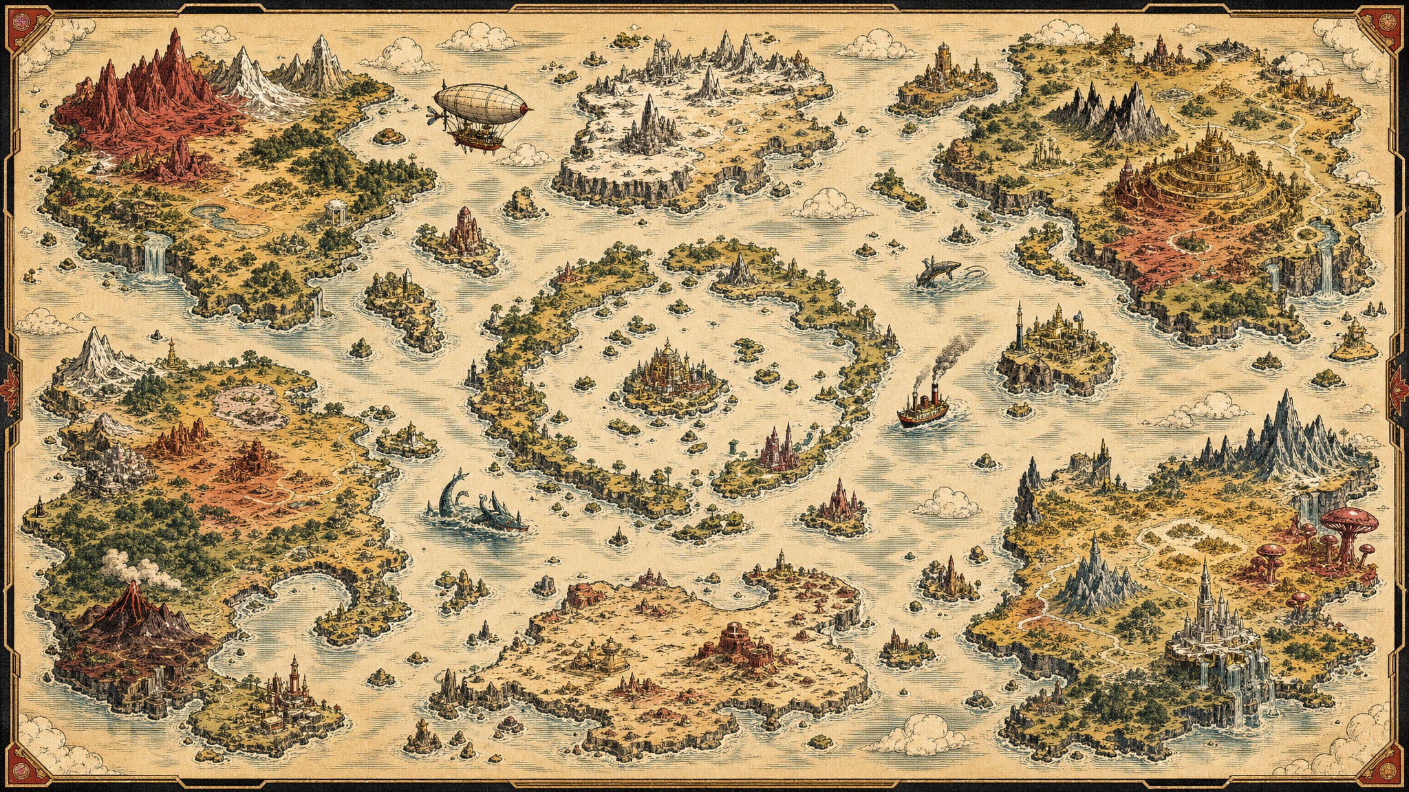 Imaginary travel-poster world map with fantastical continents, islands, ships, and airships.