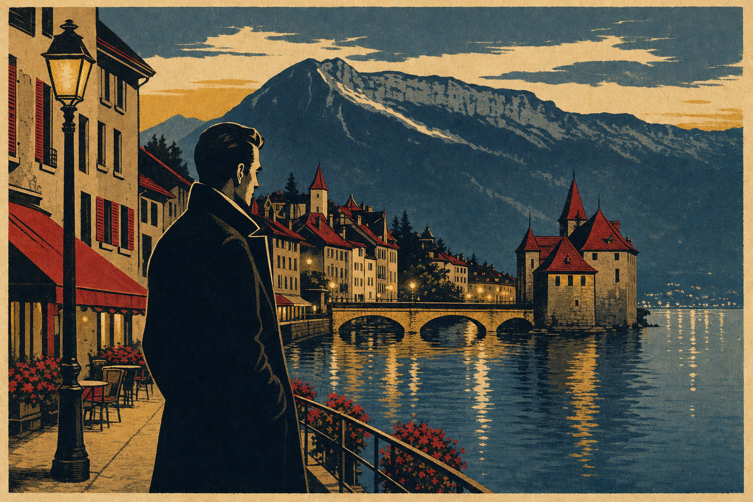 Vintage travel-poster illustration of Annecy’s lake and canals during a suspiciously peaceful retirement