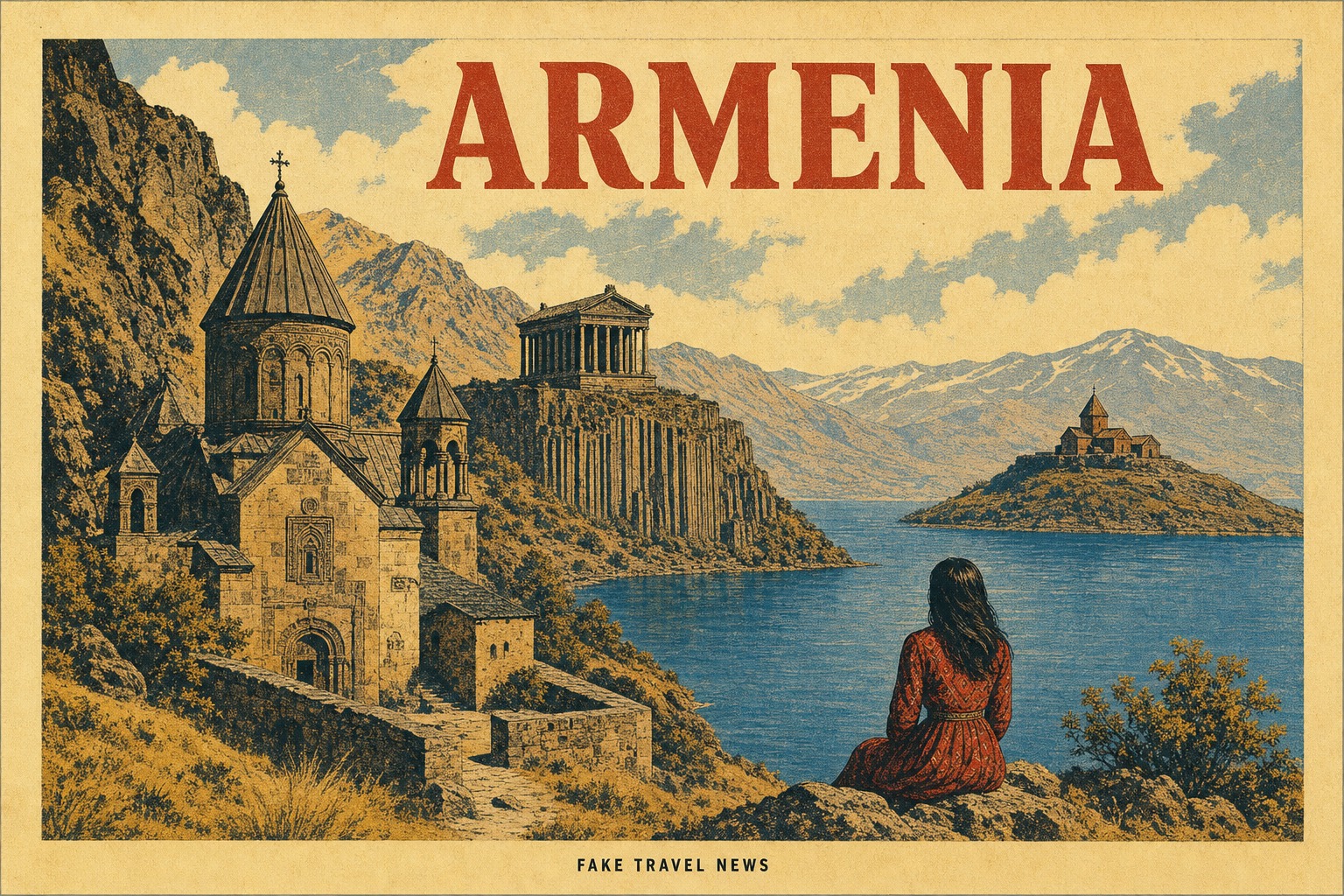 Vintage Armenia travel poster showing a solitary woman, Geghard Monastery, Garni Temple and Lake Sevan.