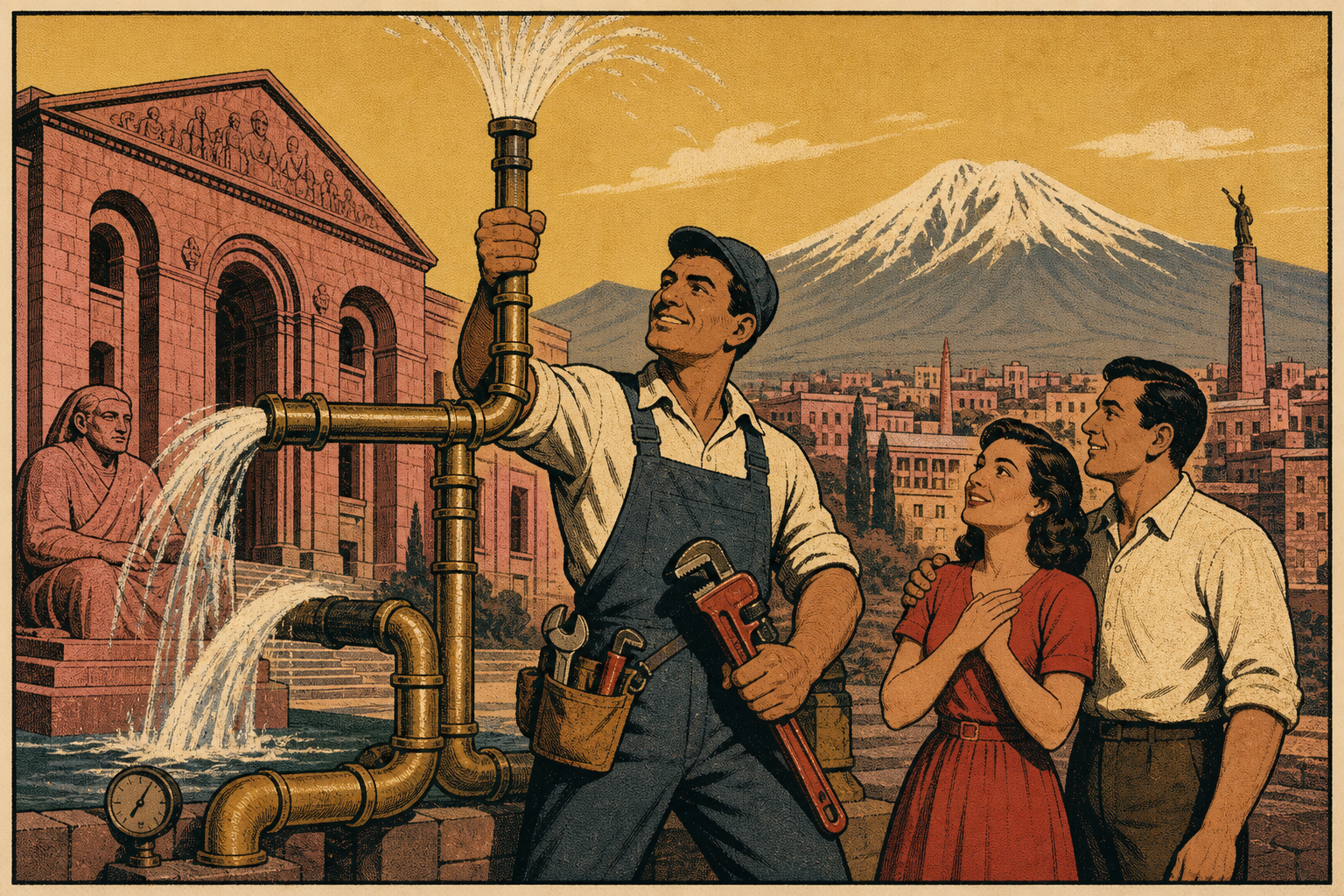 Vintage travel-poster illustration of a plumber’s unlikely rescue in Yerevan, Armenia