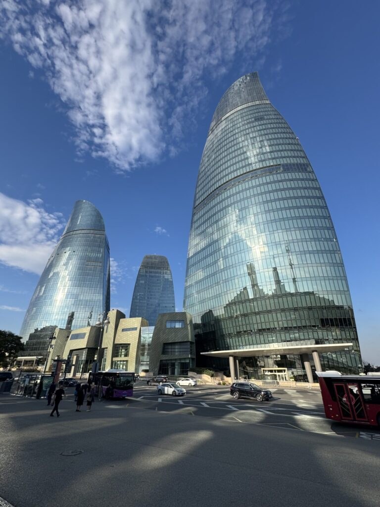 Baku's blue Flame Towers in Azerbaijan