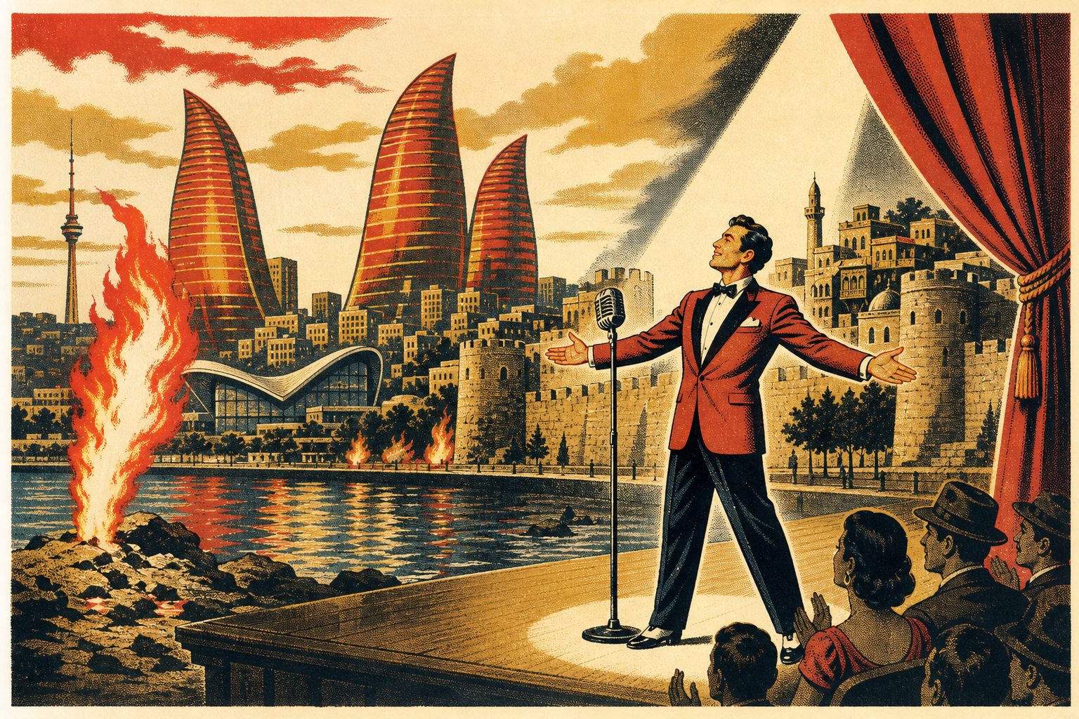 Vintage travel-poster illustration of a performer beneath Baku’s Flame Towers