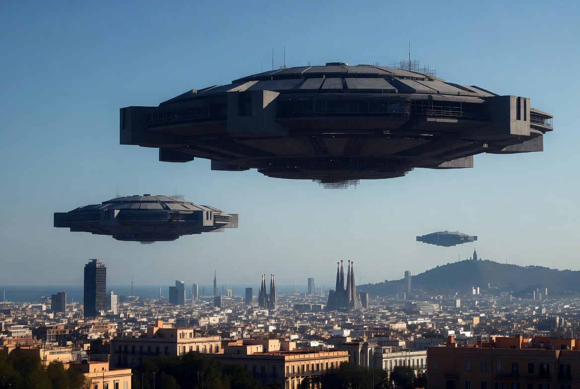 Fictional alien ships above Passeig de Gràcia in Barcelona