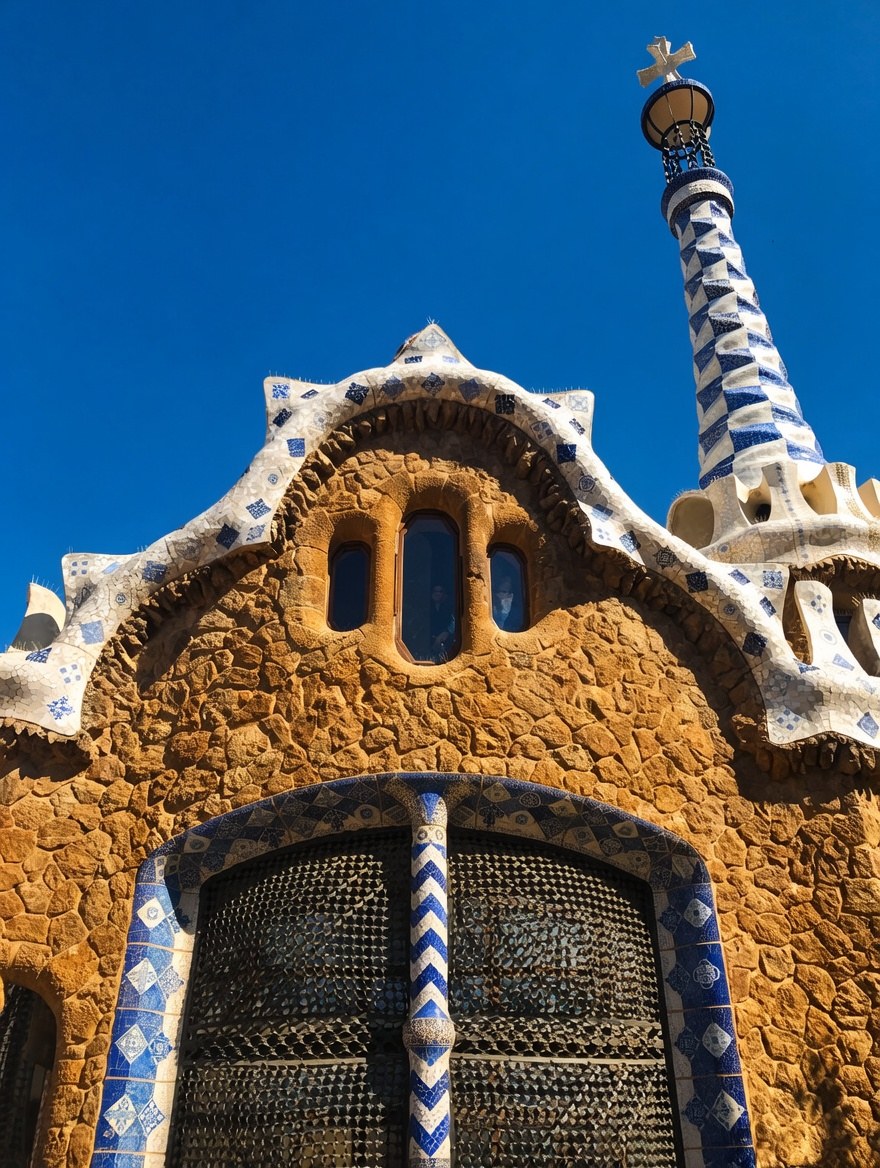 Park Güell terrace beneath a fictional alien ship over Barcelona