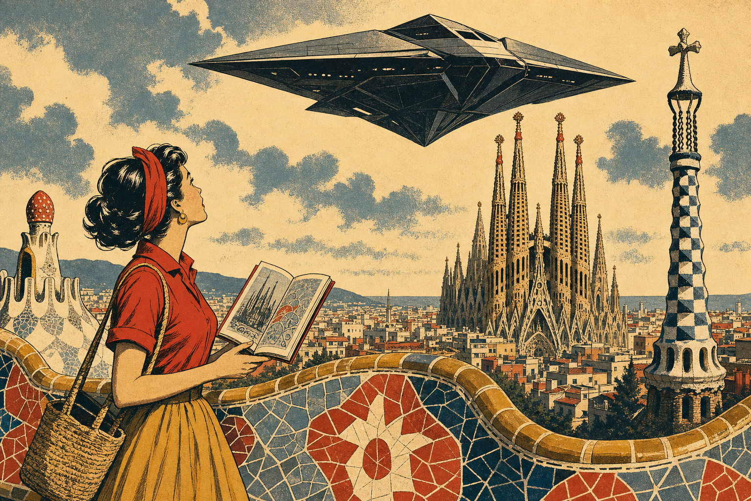 Vintage travel-poster illustration of alien ships over Gaudí’s Barcelona