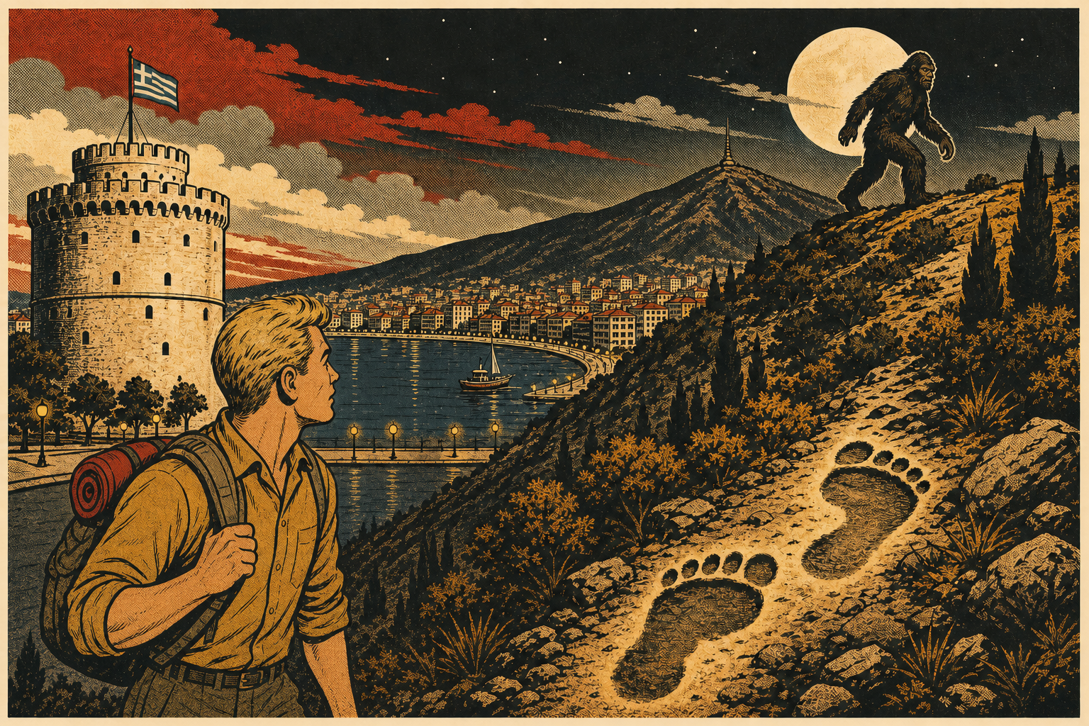 Vintage travel-poster illustration of a blond backpacker watching Bigfoot above Thessaloniki, Greece