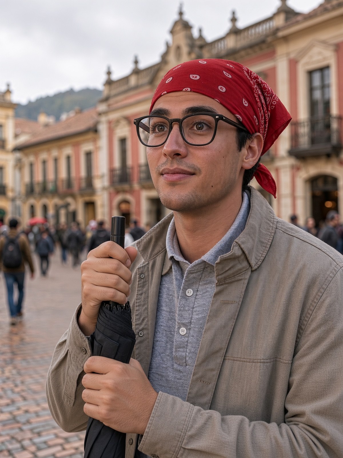 Fictional Sam Stallone wearing a red bandana and holding an umbrella in Bogotá
