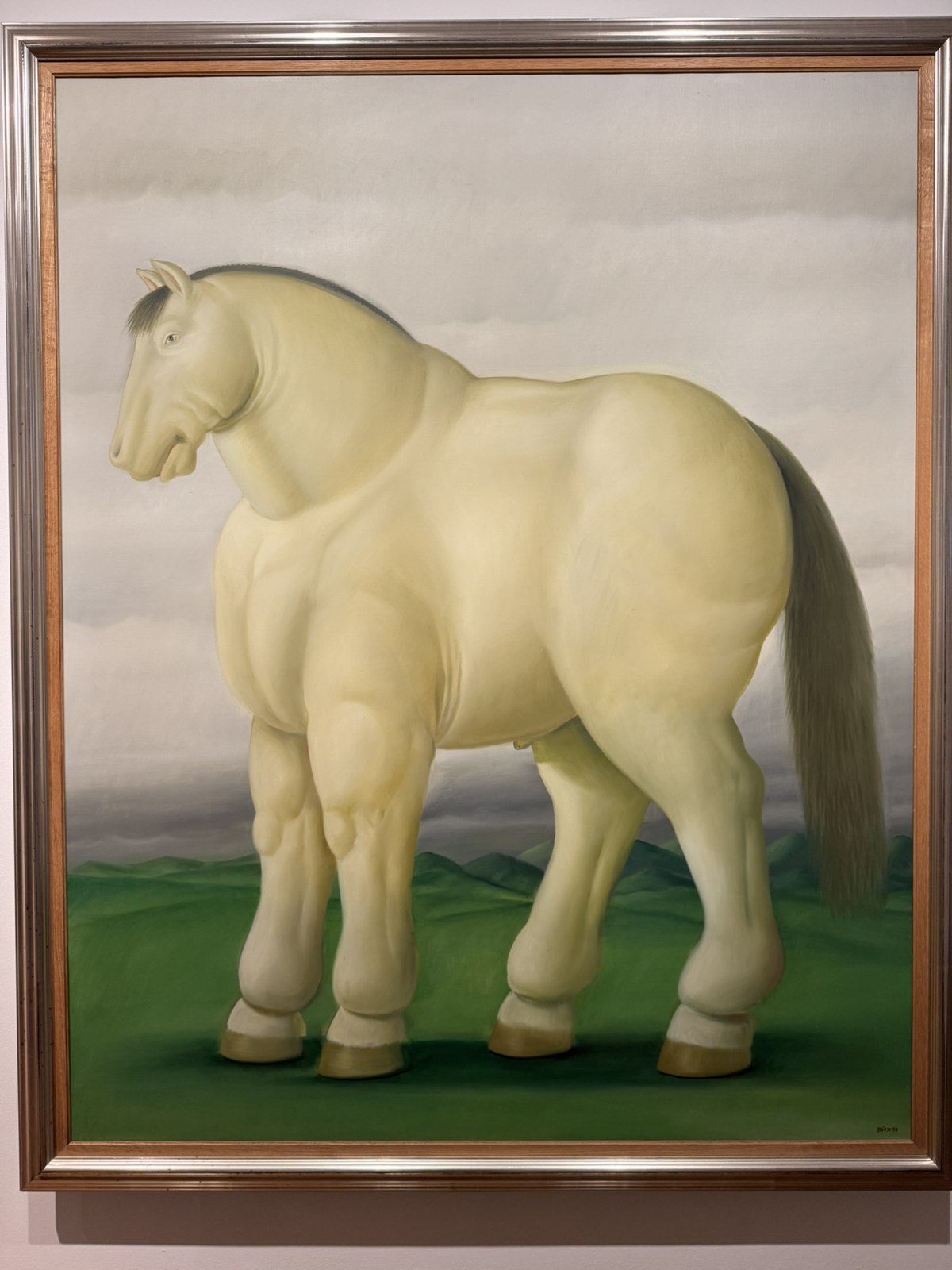 Fernando Botero painting of a round white horse