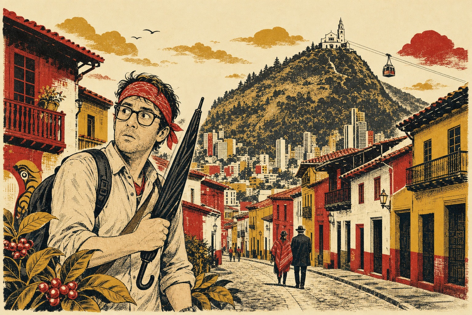 Vintage four-color Bogotá travel-poster illustration with a red-bandana tourist, umbrella, La Candelaria, and Monserrate