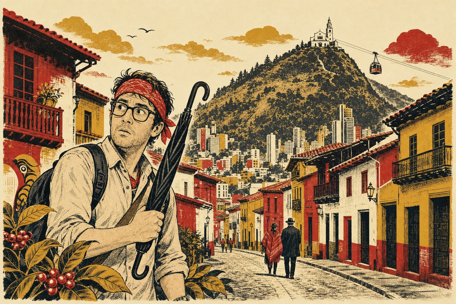 Vintage four-color Bogotá travel-poster illustration with a red-bandana tourist, umbrella, La Candelaria, and Monserrate