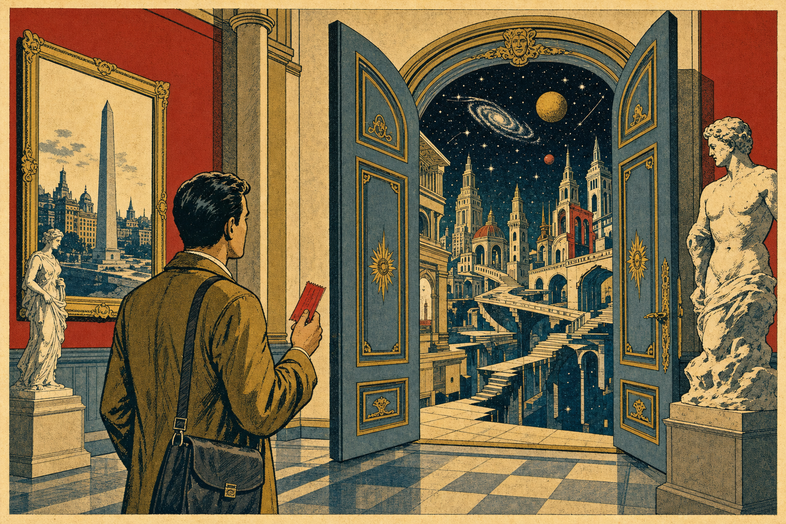 Vintage travel-poster illustration of a museum visitor entering a parallel dimension in Buenos Aires