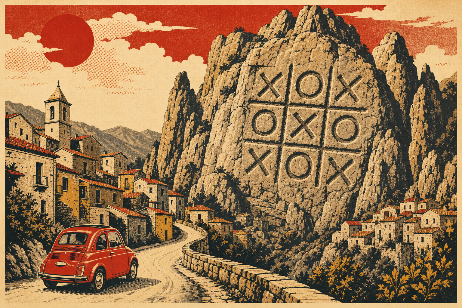 Vintage travel-poster illustration of a giant tic-tac-toe board above Castelmezzano, Italy