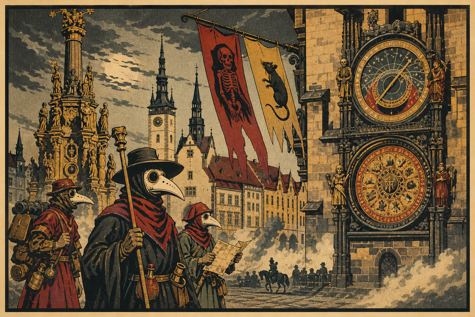 Vintage travel-poster illustration of a medieval plague adventure in Olomouc